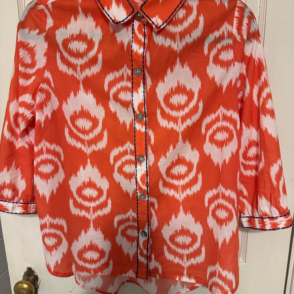 Soft Surroundings Orange and White 3/4 Sleeve Button Down Blouse